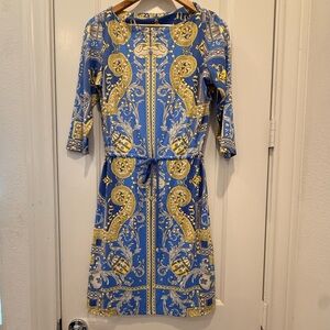 J. McLaughlin Marianne Blue and Gold Three Quarters Long Sleeve Dress